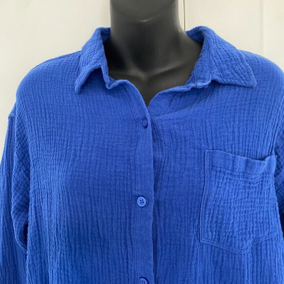 Rachel Roy Comfy Blue Crinkle Cotton Button-up Casual Top Women's Size Large - Picture 4 of 7